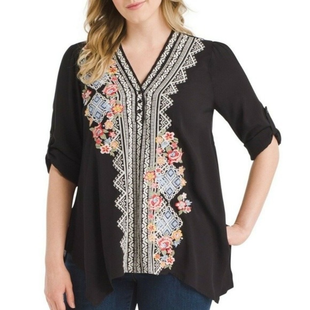 April Sky 3X Tunic Blouse Black Boho Floral Geometric Embroidered Sharkbite Hem